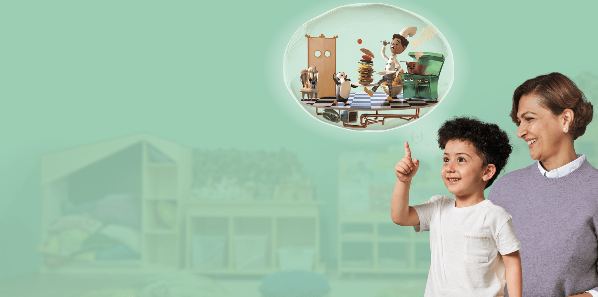 A smiling woman and a young child stand together in front of a playground. The child points excitedly to a thought bubble above them, showing a playful cartoon scene of a chef and penguin in a kitchen, joyfully preparing a towering burger. The background is a soft mint green.