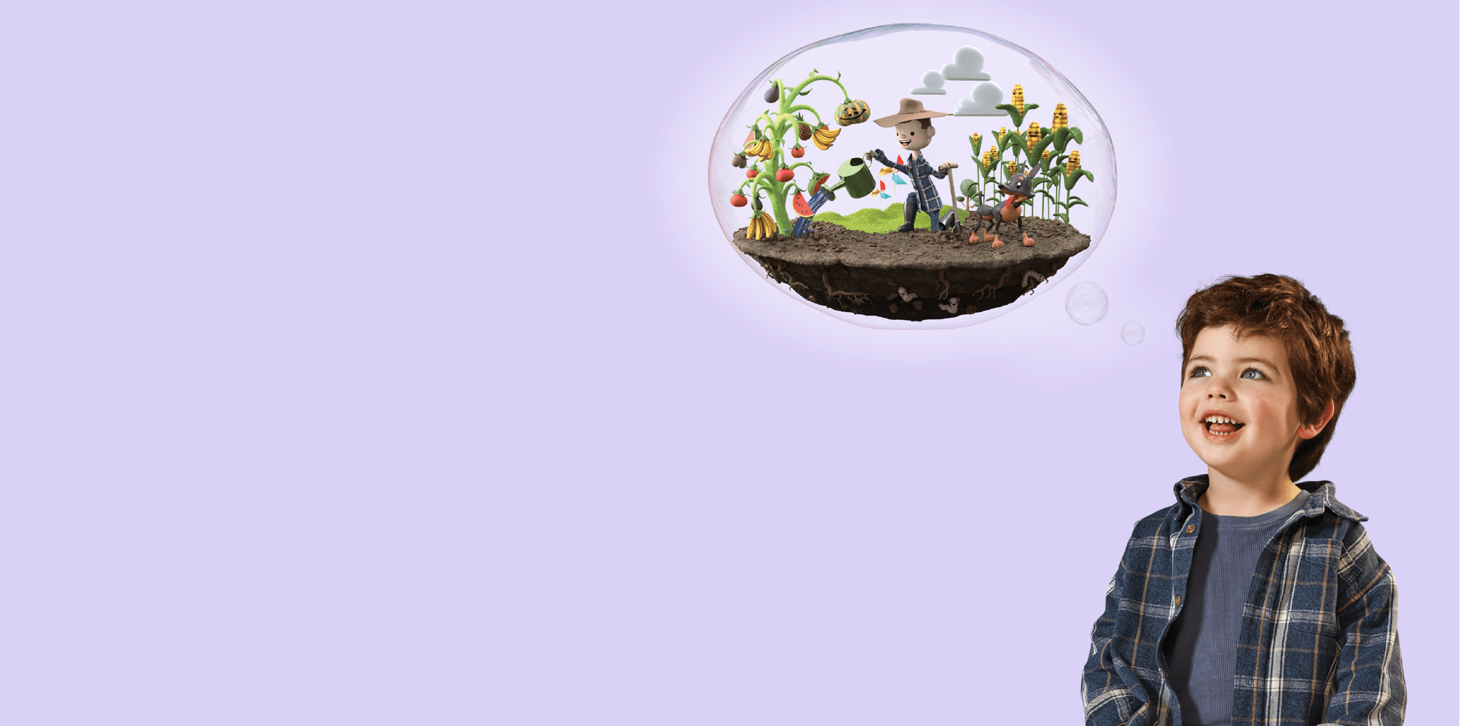 A young boy smiles wonderingly up at a bubble showing him in overalls watering crops.