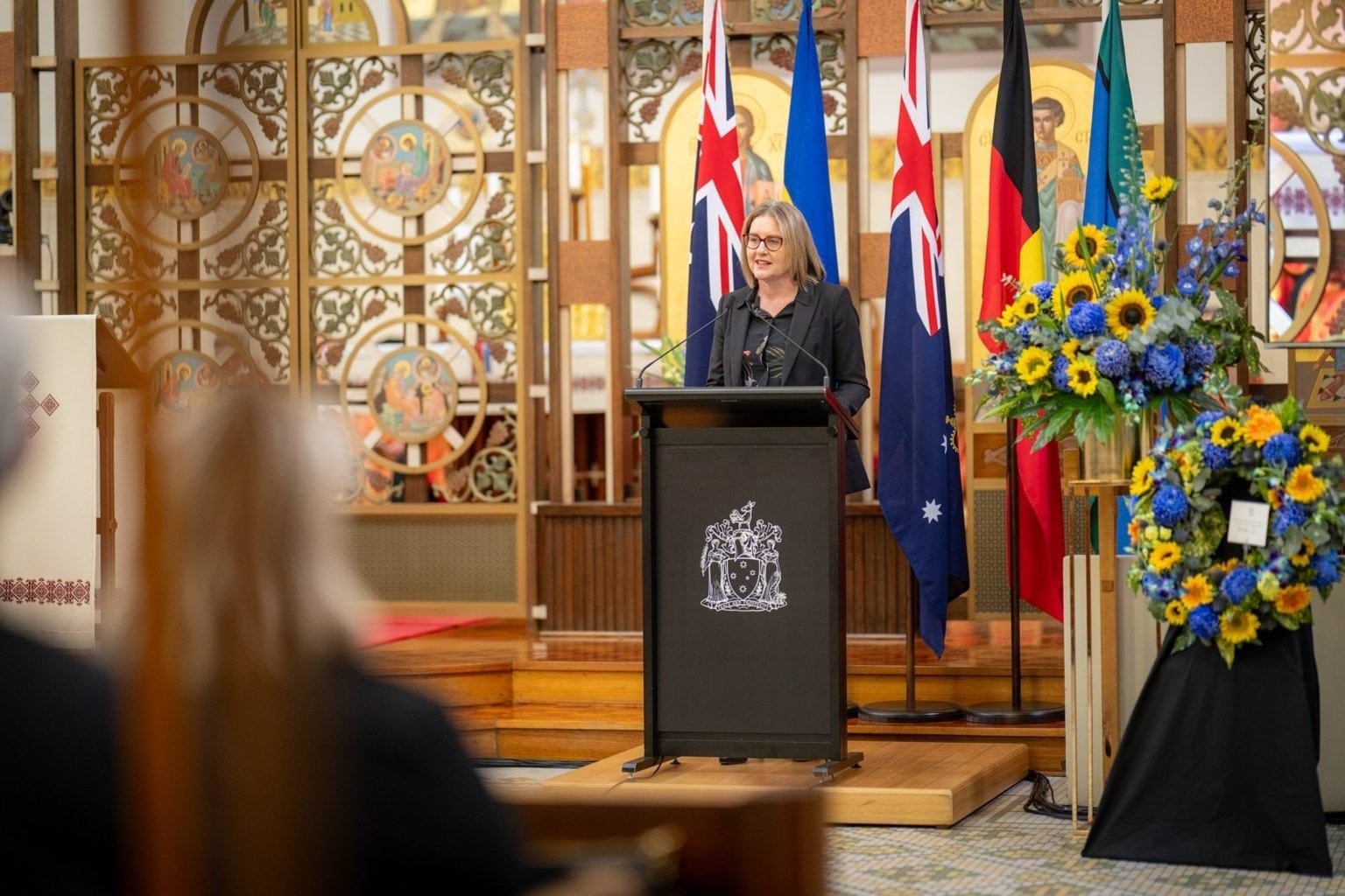Premier Jacinta Allan speaking at State Funeral Service for Stefan Romaniw OAM