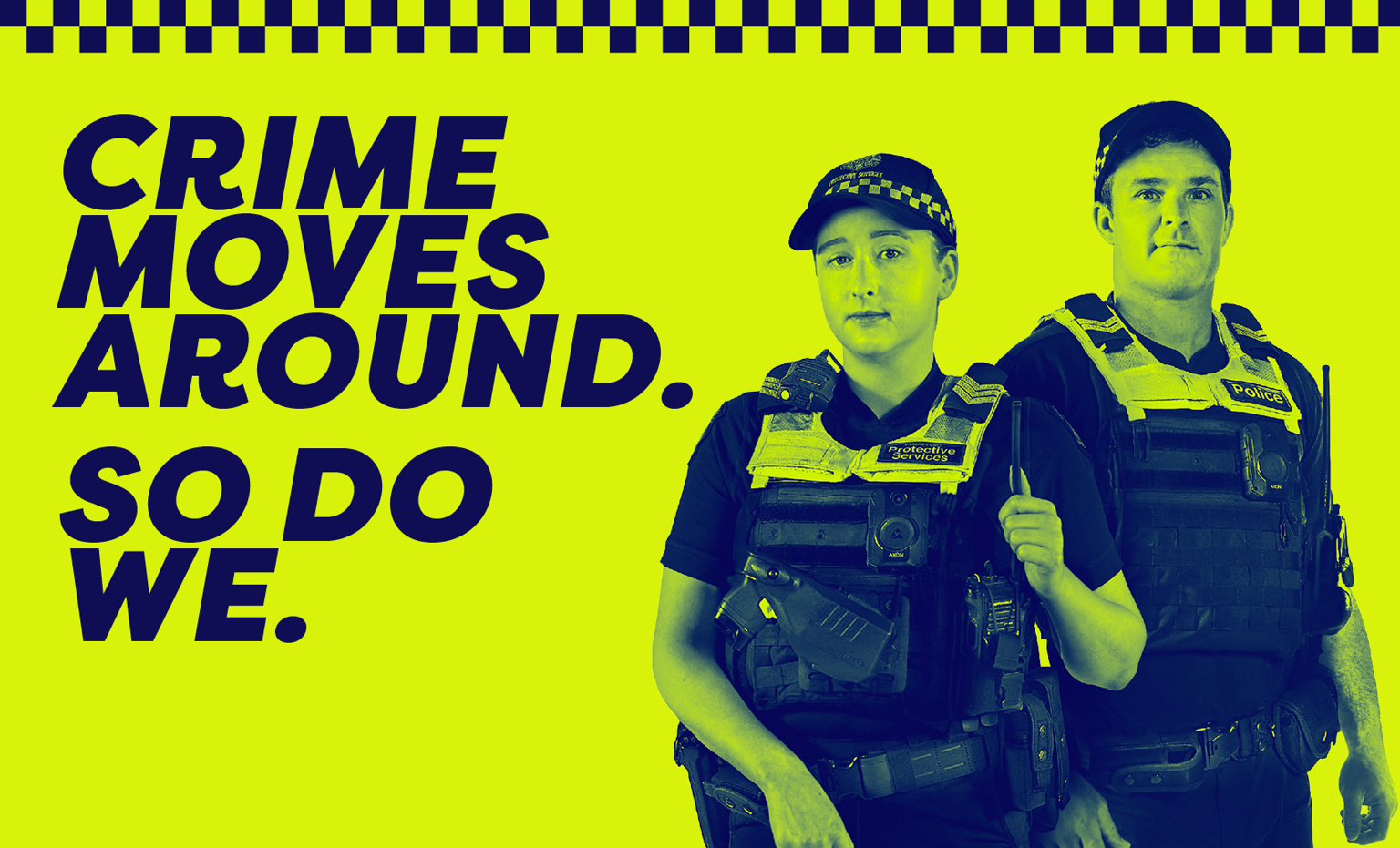 Two Victorian PSOs standing in front of a yellow background. Police tap runs across the top of the image. The image is promoting the new 90-day PSO program to keep Victorians safe across the 2025/26 summer.