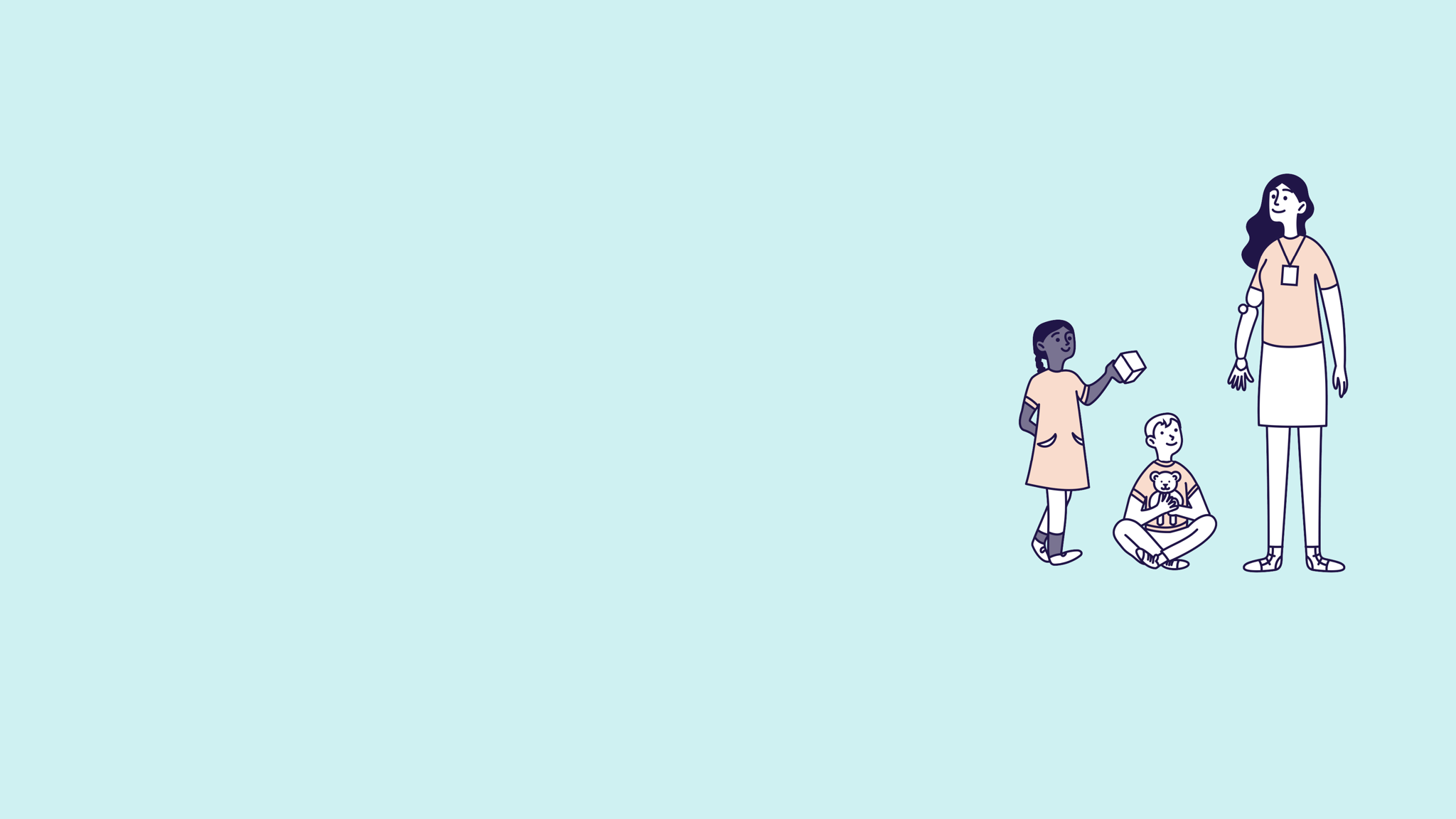 Illustration of a woman supervising two young children as they play with toys.