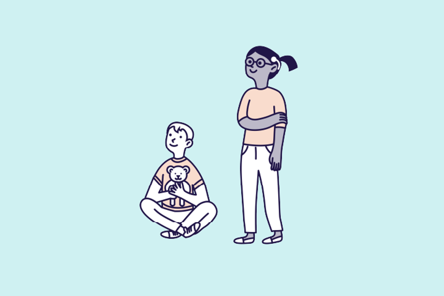 Two illustrated children on a blue background.