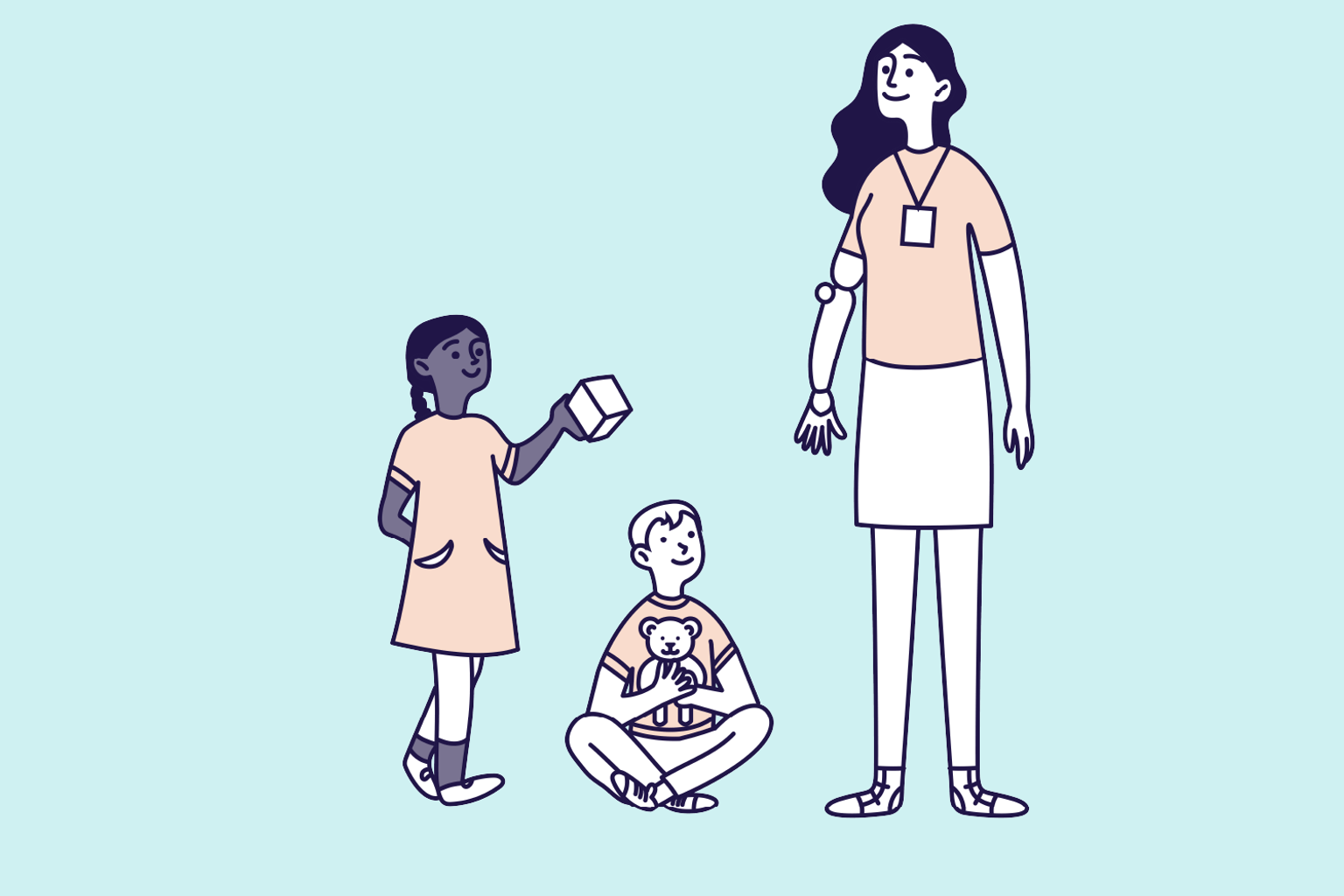 Illustration of an early childhood staff member supervising two young children as they play with toys.