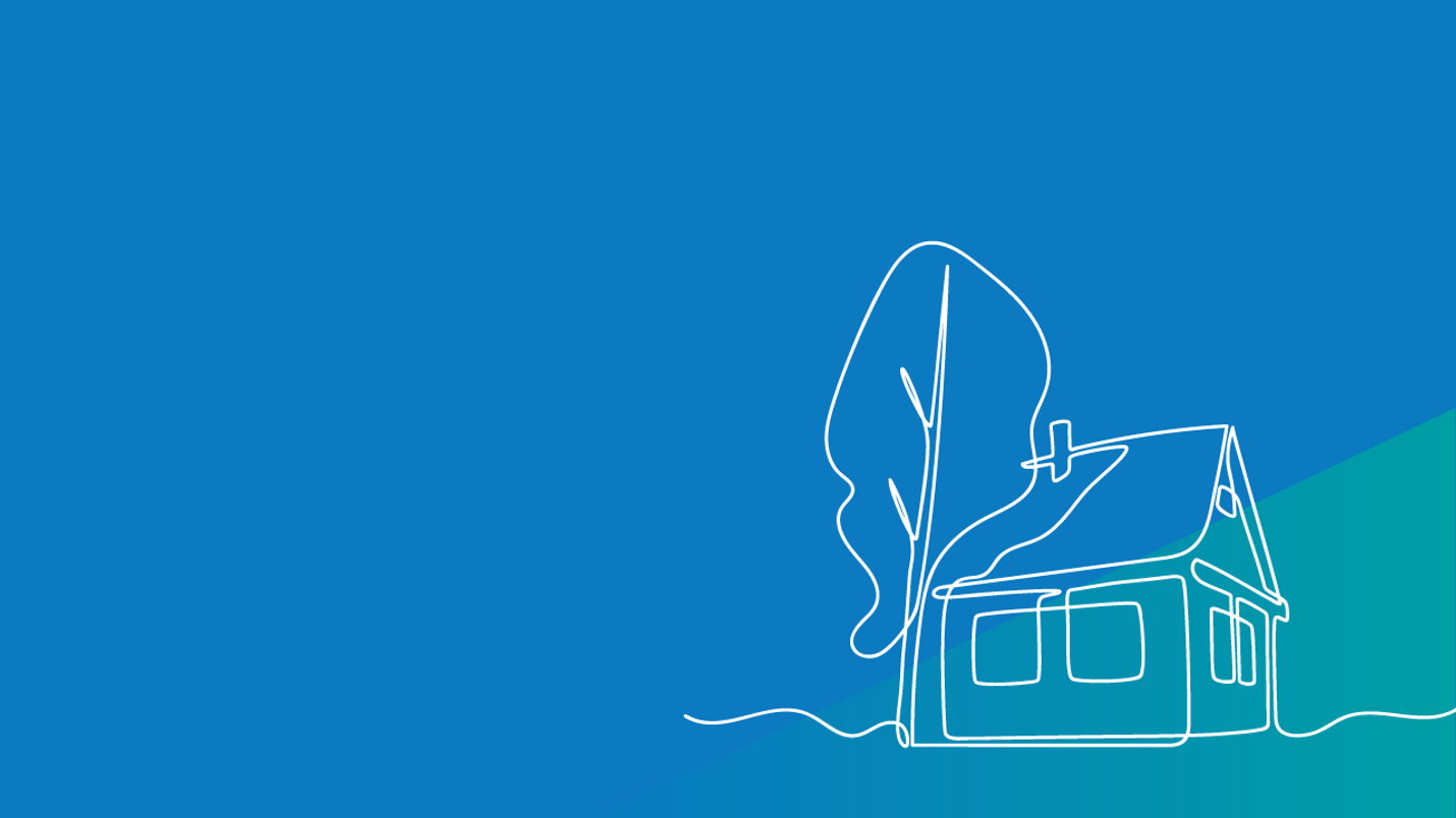 A line drawing of a house and a tree