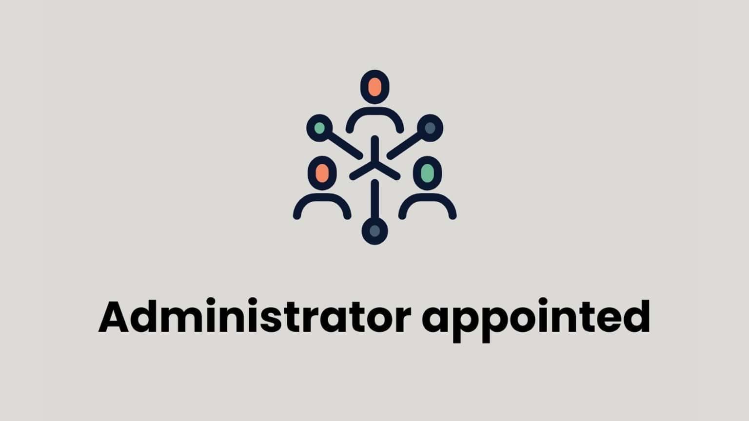 Horizontal rectangular tile with grey background that features an icon and text. The icon, at the top of the tile, feautures a basic outline of one person connected to two other people via a series of lines, to demonstrate system connectedness. The text below the icon says "Administrator appointed"
