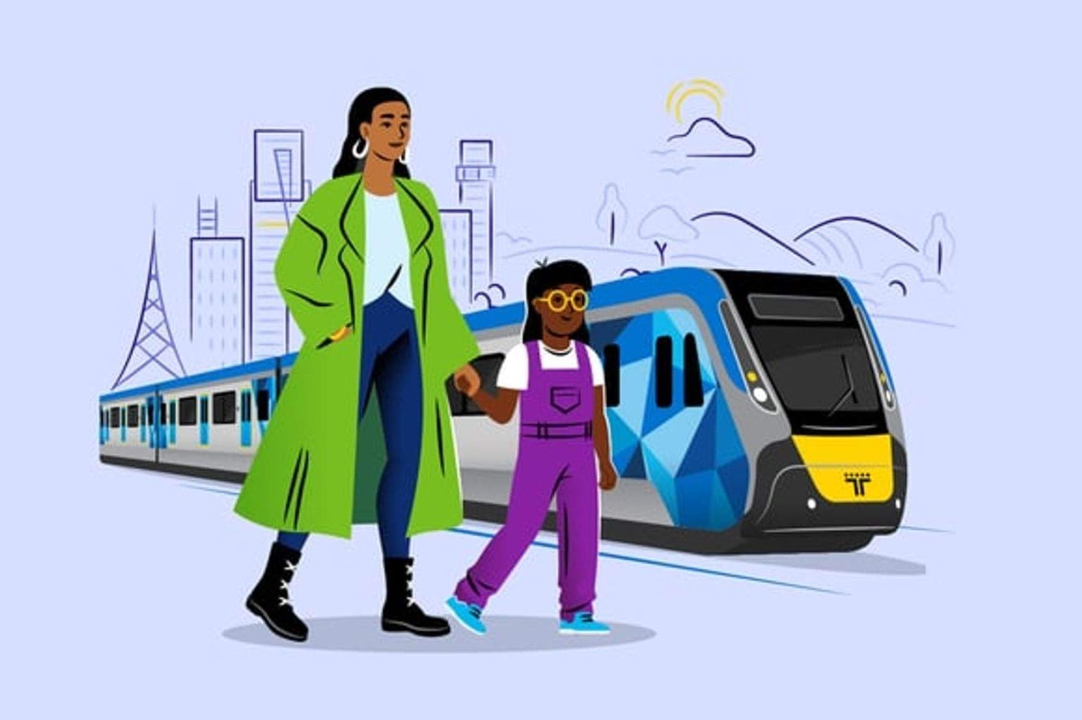 In the foreground, a mother and daughter walking hand in hand. A metro train in the background.