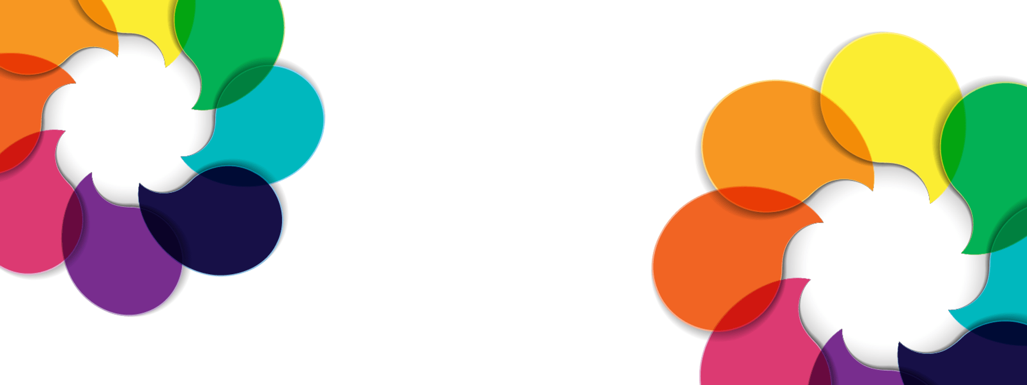 Abstract background with overlapping, semi-transparent circular shapes in bright colors (orange, yellow, green, teal, pink, purple, and dark blue) arranged like flower clusters on the left and right sides